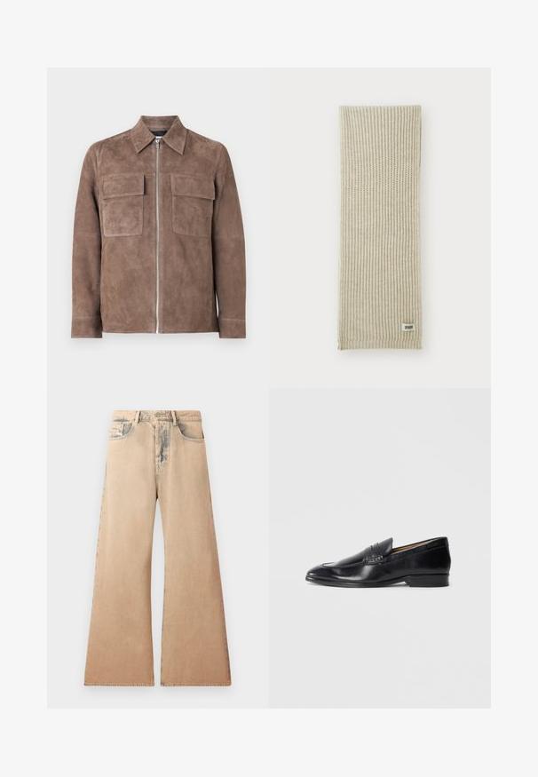 Bruine suède jas met een rits aan de voorkant, puntkraag en twee borstzakken. Glad oppervlak en minimalistisch ontwerp.; Witte langemouw overhemd van gestructureerde stof, met een klassieke kraag, knopen vooraan en een rechte zoom, met een losse pasvorm.; Beige wijde jeans met vervaagde textuur, vijf-pocket ontwerp en gestikte details langs de naden. De taille heeft een traditionele knoopsluiting.; Zwarte leren instapper met een gladde afwerking, spitse neus en subtiele stikseldetails. Heeft een platte hak en een gegraveerd logo aan de zijkant.; Beige gebreide sjaal met verticale ribbelstructuur. Heeft een klein stoffen label met de tekst "DRYARN" aan één uiteinde. Zacht, lichtgewicht materiaal.