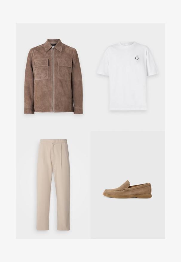 Brown suede jacket with a zip front, point collar, and two chest pockets. Smooth texture and minimalist design.; White cotton t-shirt with a relaxed fit, featuring a small black graphic logo on the left chest area. Short sleeves, crew neck style.; Beige, pleated trousers made of soft fabric. Features an elastic waistband, straight legs, and a smooth texture. No pockets or accents.; Brown suede slip-on loafers with a smooth texture and stitched detailing; features a rubber sole for traction.