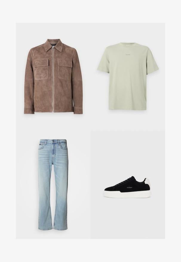 Veste en daim marron avec fermeture éclair à l'avant, col pointu et deux poches sur la poitrine. Texture lisse et design minimaliste.; T-shirt en coton vert clair avec un col rond, des manches courtes et un petit logo Calvin Klein imprimé en une teinte plus foncée sur la poitrine.; Jeans en denim bleu clair avec une coupe droite, dotés de cinq poches, d'une fermeture à bouton et d'une légère décoloration sur le tissu.; Baskets basses noires avec semelle et talon blanc, lacets à l'avant et logo Calvin Klein sur le côté.