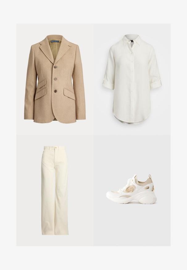 Béžové sakó s rybej kosťou, vybavené zárezovými klopami, zapínaním na tri gombíky a dvoma prednými vreckami. Má hladkú vnútornú podšívku.; Biely ľanový košeľa s gombíkmi, krátkymi rolovanými rukávmi, golierom a zaobleným lemom. Obsahuje svetlé gombíky.; Polo Ralph Lauren COTTON CORDUROY WIDE-LEG PANT - Nohavice - warm white; Biele a béžové pletené tenisky s robustnou podrážkou, šnúrkovým zapínaním vpredu, logom značky na boku a pútkom na päte na jednofarebnom pozadí.