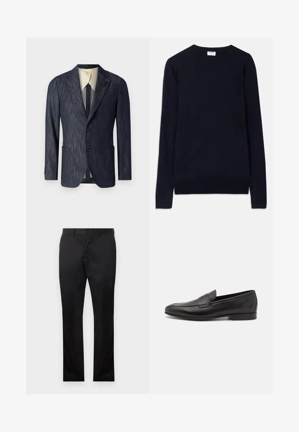 Tummansininen teksturoitu bleiseri, jossa on kaareva kaulus, kaksi etutaskua, kolme nappia ja kerma värinen vuori.; Tummansininen pyörökaula-aukko villapaita, joka on valmistettu pehmeästä kankaasta. Siinä on pitkät hihat sekä ribbireunus kauluksessa ja helmassa. Siisti, minimalistinen muotoilu.; Mustat puuvillahousut suoran lahkeen muotoilulla, jossa on etunapit, sivutaskut, sileä pinta ja ei näkyviä kuvioita.; Musta nahkainen miesten loaferi, jossa on matala korko ja klassinen penny-nauha, esitelty sivuprofiilissa valkoista taustaa vasten.