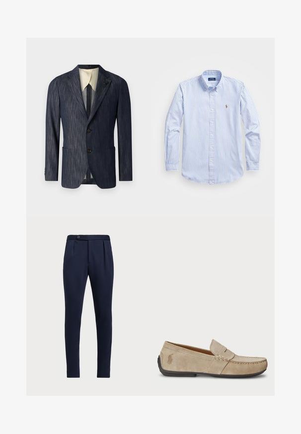 Námořnicky modrý strukturovaný blazer s klopami, dvěma předními kapsami, třemi knoflíky a krémově zbarvenou podšívkou.; Světle modrá a bílá pruhovaná košile na knoflíky s klasickým límečkem, dlouhými rukávy a malým vyšitým logem na hrudi.; Námořnické modré kalhoty s přizpůsobeným střihem, plochým předním dílem, dvěma předními sklady a jedním knoflíkem na zapínání, vyrobené z hladké, texturované látky.; Béžové semišové mokasíny se šitým detailem, plochou gumovou podrážkou a malým logem na boku. Klasický design na klín, měkká textura.
