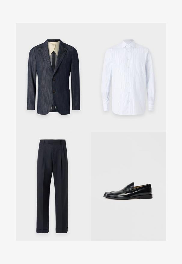 Blazer in blu navy con texture, colletto a revers, due tasche frontali, tre bottoni e fodera interna color crema.; Camicia a maniche lunghe in cotone a righe blu chiaro e bianche. Presenta un colletto con bottoni e chiusura frontale con bottoni, con polsini a righe.; Tiger of Sweden TREYTON - Pantaloni - dark ink; Mocassini in pelle nera con finitura liscia, punta rotonda, cuciture decorative e tacco basso impilato. Nessun marchio visibile.