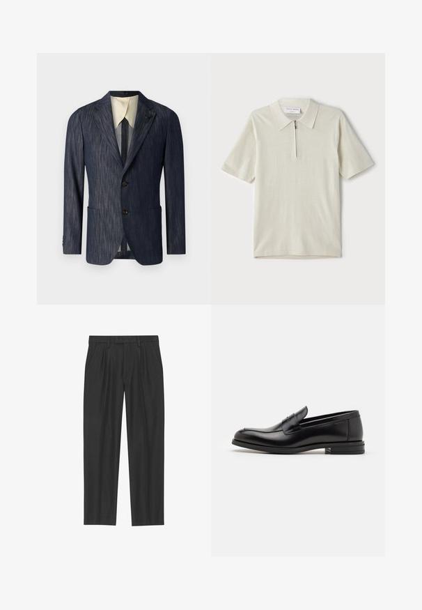 Navy blue textured blazer with a notched lapel, two front pockets, three buttons, and a cream-colored inner lining.; Short-sleeve polo shirt in light beige with a zippered collar. Made of smooth fabric, features a simple, modern design without patterns.; Black pleated trousers made from a smooth fabric; features a waistband with belt loops and a straight-leg cut. Minimalist design with no patterns.; Black leather loafers with a smooth texture, rounded toe, and a decorative strap across the vamp. Low stacked heel, minimalist design.