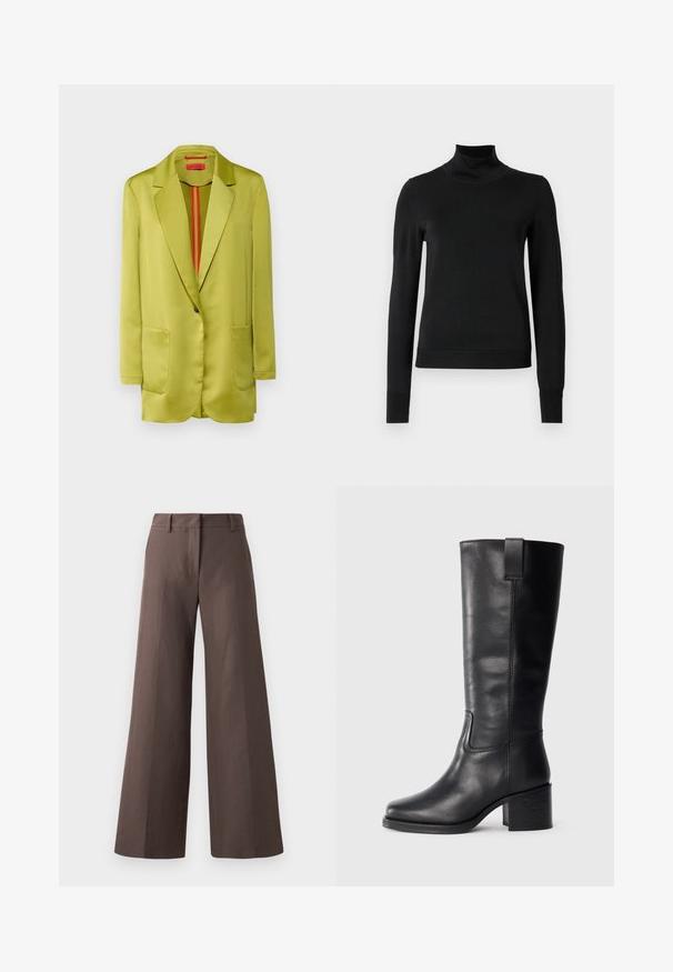 MAX&Co. LUCERNA - Sacou - green; Pulover negru cu mânecă lungă și guler tip colier, cu manșete și tiv cu elastic, expus pe un fundal alb simplu.; Pantaloni largi de culoare marron, confecționați dintr-un material neted; prezintă o față plată, bucle pentru curea și cusături verticale pe picioare.; Cizme negre din piele până la genunchi cu o textură netedă, vârf pătrat, toc bloc și tab pentru tragere pe lateral, având detalii de cusătură minime.
