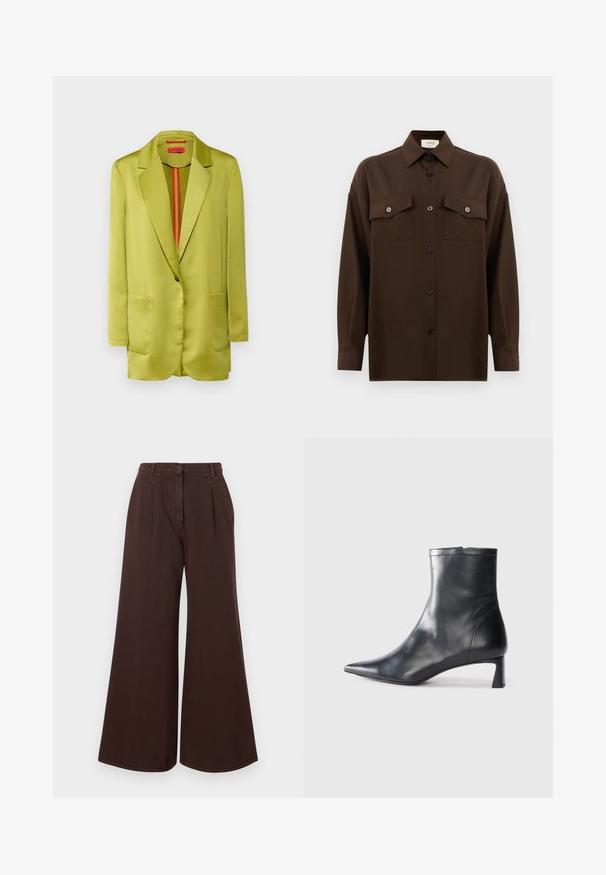 MAX&Co. LUCERNA - Blazer - green; Mørkebrun langærmet skjorte med knaplukning, to brystlommer med klap og en klassisk krave, præsenteret mod en helt hvid baggrund.; Højtsiddende, brede brune bukser med knap- og lynlåslukning, bæltestropper og forkantede folder.; Sort læder ankelstøvle med spids tå og et strømlinet design. Har en lav hæl og en lynlås lukning bagpå. Glat tekstur.