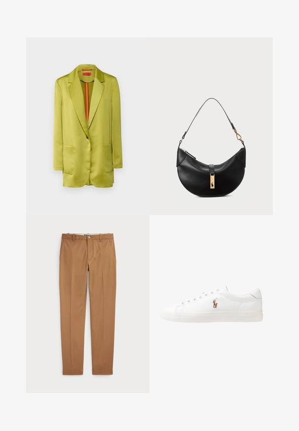 MAX&Co. LUCERNA - Blazer - green; T-shirt nera in cotone con colletto rotondo, maniche corte e logo ricamato bianco sul lato sinistro del petto. Texture liscia, design informale.; Pantaloni in cotone marrone con un design slim-fit, frontale piatto e tasche standard; texture liscia e orli rifiniti.; Sneakers in pelle bianca, design low-top, caratterizzati da una texture liscia, punta rotonda, chiusura con lacci e un piccolo logo ricamato sul lato.; Borsa a tracolla nera in pelle a forma di mezzaluna. Presenta un accento in metallo dorato e una tracolla sottile. Tessuto liscio, chiusura a cerniera nella parte superiore.