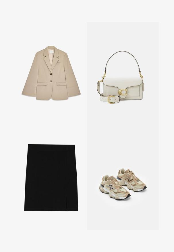 Beige blazer met een sjalkraag, twee voorste klepzakken en twee koperen knopen. Kenmerkt zich door een gestructureerd ontwerp en een gladde stoftextuur.; Grijze sweatshirt met een halve rits kraag, geribde manchetten en een klein geborduurd logo op de borst. Zachte katoenen stofmix.; Witte blouse met lange mouwen van katoen, met een knoopsluiting aan de voorkant, klassieke kraag en afgeronde zoom. Deze blouse heeft een relaxte pasvorm en heeft geen patronen.; Zwarte mini rok gemaakt van zachte stof met een aansluitend ontwerp, met een lichte inkeping aan de zijkant voor extra detail.; Beige sneakers van mesh en nubuck materialen. Bevat een zwart logo en gegrandeerde accenten. Dikke witte tussenzool en zwarte rubberen buitenzool.; Witte leren handtas met gouden beslag, voorzien van een flapsluiting en een afneembare, verstelbare band. Ronde metalen accenten in het midden.