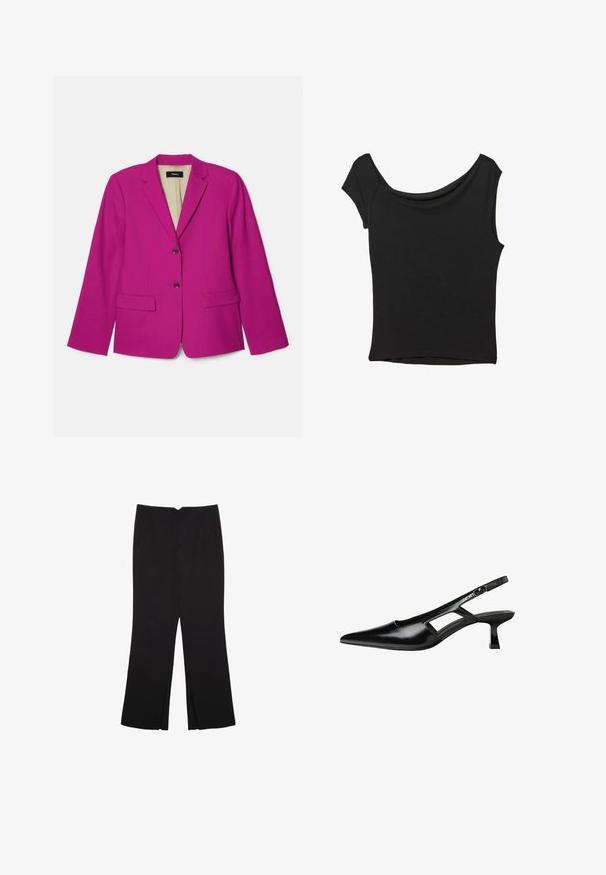 Růžový blejzr s klopou, dvěma předními kapsami a dvěma hnědými knoflíky. Podšívka s viditelnou značkovou nálepkou.; Černý krátký rukáv top vyrobený z hladké látky; má drapovaný výstřih a asymetrický lem, s přiléhavým střihem.; Černé kalhoty s rovným střihem, s předními kapsami a bočními rozparky na lemu. Vyrobené z jemné, hladké tkaniny. Vhodné na různé příležitosti.; Černé lakované lodičky na podpatku se špičatou špičkou, výřezovým designem na boku a malým čtvercovým podpatkem. Hladká textura s minimálními akcenty.