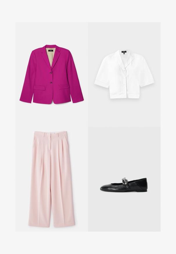 Fuksiaroosa bleiser, millel on sakiline krae, kaks esikot ja kaks pruuni nööpi. Vooderdatud sisemus, kus on nähtav brändi silt.; Valge lühikeste varrukatega lühikesed nööpidega särk, millel on terav krae, delikaatne tekstuuriga õmblus allääres ning sile kangas.; Heled roosa laiade jalgadega püksid, millel on ees voldid, struktureeritud vöökoht ja sile kangas. Omab kahte küljetaskut.; Mustadest nahast balleti kingad terava varbaga, millel on rihm ümmarguse metallist pandlaga ja lame tald.