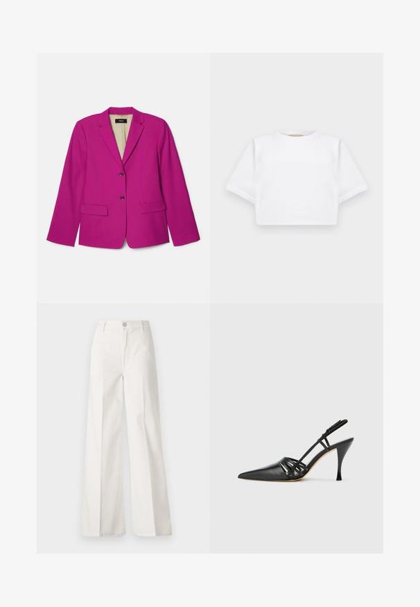 Růžový blejzr s klopou, dvěma předními kapsami a dvěma hnědými knoflíky. Podšívka s viditelnou značkovou nálepkou.; Zkrácené bílé tričko vyrobené z měkké látky, má krátké rukávy, kulatý výstřih a žebrované detaily na lemech. Jednoduchý a nezdobený design.; Bílé volné kalhoty vyrobené z bavlny s hladkou texturou. Obsahují přední knoflík, zip a design se čtyřmi kapsami.; Černá kožená lodička na vysokém podpatku s otevřenou patou, špičatou špičkou, křížovými popruhy a štíhlým jehlovým podpatkem. Hladký povrch a minimální akcenty.