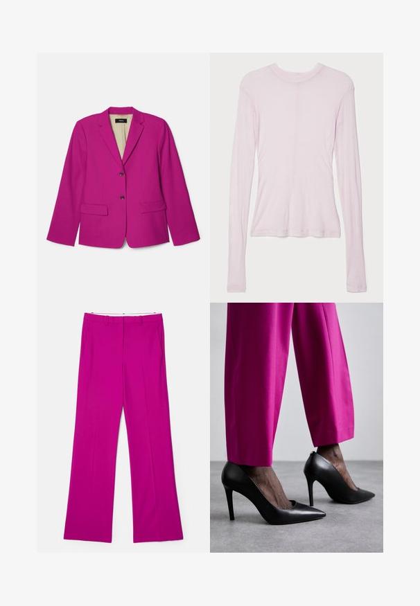 Fuksia bleiseri, jossa on viilto-olkain, kaksi etutaskua ja kaksi ruskeaa nappia. Vuorattu sisäosa, jossa näkyvä tuotemerkintä.; BITE Studios CREW NECK - Pitkähihainen paita - rose; Fuksia leveälahkeiset housut, joissa on sileä pinta, etutaskut ja räätälöity muotoilu rakenteellisen ilmeen saavuttamiseksi.; Mustat korkokengät, joissa on terävä kärki ja sileä nahkatekstuuri. Yhdistetty kirkkaan vaaleanpunaisiin, räätälöityihin housuihin.
