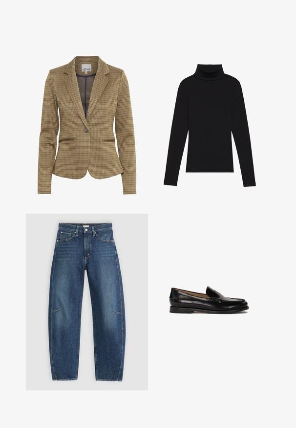 Karirani sako u smeškim i mornarskim nijansama, s krojem koji se prilagođava figuri, reverima, dva prednja džepa i jednim dugmetom za zatvaranje.; Crna turtleneck majica dugih rukava, napravljena od rebraste tkanine, ima uski kroj s visokim ovratnikom i bez uzoraka ili dekoracija.; Tamno plavi traperice sa ravnim nogavicama, koje imaju prednje džepove, kontrastnu šav i suptilnu izblijedjelu teksturu na nogavicama.; Crne kožne mokasine s okruglim vrhom, dizajnom za jednostavno oblačenje i suptilnim šavovima duž gornjeg dijela. Ravni gumeni đon.