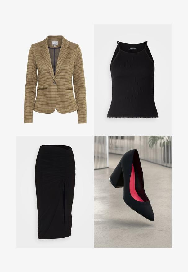 Kariertes Sakko in Brauntönen und Marineblau, mit taillierter Passform, Reverskragen, zwei vorderen Taschen und einem Einzelknopfverschluss.; Schwarzes, geripptes Tanktop mit gewellten Spitzenabschluss am Saum. Mit dünnen Trägern und einer figurbetonten Passform. Hergestellt aus dehnbarem Material.; Schwarzer, geraffter Bleistiftrock mit Bindegürtel und seitlichem Schlitz. Hergestellt aus einem dehnbaren Stoff, mit glatter Textur und figurschmeichelndem Design.; Schwarzer High Heel Schuh mit spitzer Zehe, strukturiertem Obermaterial und lebhaftem pinken Innenraum. Verfügt über einen dicken Absatz mit silberner Akzentuierung.