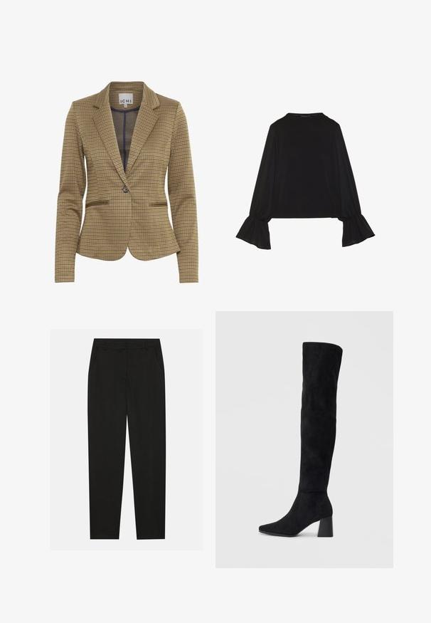 Károvaný blejzer v hnedých a námorníckych odtieňoch, s prispôsobeným strihom, vystuženými lapelmi, dvomi prednými vreckami a jednoradovým zapínaním na gombík.; Čierny top s dlhými rukávmi, flitrovanými manžetami, mäkkou textúrou a voľným strihom, s jednoduchým okrúhlym výstrihom.; Čierne nohavice s prispôsobeným dizajnom, so bočnými vreckami a rovnou nohavicou. Vyrobené z hladkej, ľahkej tkaniny s elegantným vzhľadom.; Čierna semišová kozačka po kolená s blokovým podpätkom, špicatou špičkou a hladkým, bezšvovým dizajnom na jednoduchom svetlom pozadí.