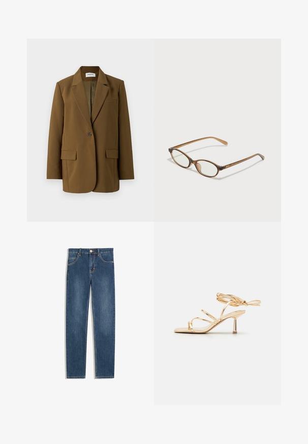 Hnědý přizpůsobený blazer s klopovým límcem, jedním knoflíkem na zapínání, dvěma předními kapsami a hladkým povrchem. Viditelná podšívka.; Hnědý top na ramínka s širokými ramínky, vyrobený z měkkého materiálu. Jednoduchý design, bez vzorů nebo zdobení.; Tmavě modré džíny s rovný fit, pěti kapsami, jemnými detaily šití a kovovým knoflíkem v pase.; Zlaté sandály na vysokém podpatku s pásky, štíhlým designem, vázáním kolem kotníku a minimalistickým metalickým podpatkem. Hladká textura.; Hnědé želvovinové brýle s oválnými skly, tenkými bočními nohami a průhlednými akcenty. Obsahují decentní logo na stranu. Elegantní, lehký design.