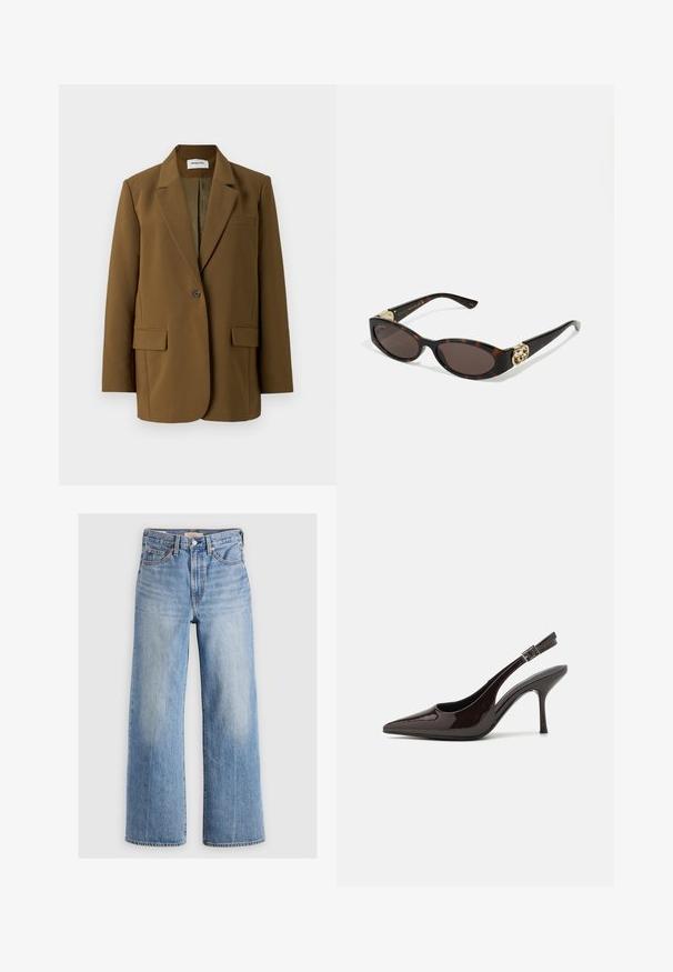 Ruskea räätälöity bleiseri, jossa on lovettu kaulus, yksittäinen napitus, kaksi etutaskua ja sileä pinta. Vuorattu sisus näkyvissä.; Valkoinen toppi, jossa on V-pääntie, hieno pitsireunus, ohuet säädettävät olkaimet ja pehmeä, sileä kangas.; Vaaleansinisiä leveälahkeisia farkkuja, joissa on korkea vyötärö, haalistuneita kohtia, viisi taskua ja kontrastiväriset tikkaukset. Klassinen nappi- ja vetoketjusulku.; Korkokenkät tummanruskeasta kiiltävästä patenttinnahasta, teräväkärkiset, avoimet sivut ja säädettävä nilkkaremmi.; Silmärilakkiset tortoiseshell-aurinkolasit, joissa on pitkänomaiset ovaalit linssit, ruskea sävy, kultaiset logo-koristeet temppeleissä ja sulavalinjaiset mustat varret.; Korvakorut, joissa on kultaiset pyörteet ja kirkas tausta, joissa on teksturoituja kultakoristeita ja pieniä kirkkaita jalokiviä upotettuna muotoiluun.