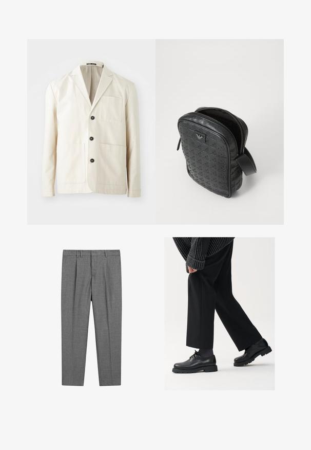 Beige bomullsjacka med en avskuren slagkrage, tre svarta knappar och två framfickor. Har en enkel bröstficka och långa ärmar.; Svart polotröja med åtsittande krage, långa ärmar, samt ribbade mudd- och nederkanter. Tillverkad av mjukt, töjbart material med en slät yta.; Svart bomulls t-shirt med klassisk rund hals, korta ärmar och avslappnad passform. Slät textur, inga mönster eller utsmyckningar.; Grå skräddarsydda byxor med en texturerad väv, som har flat front, veckade ben, bältesöglor och en standard midja.; Svarta läderskor med rund tå, snörningsdesign och tjock, strukturerad sula. Bärs med skräddarsydda svarta byxor och en ribbad tröja.; Svart, texturerad läderväska med ett geometriskt mönster, rektangulär form, dragkedja upptill och ett kort bärhandtag. Har en logotypapplikation på framsidan.; Timex-armbandsur med en silverfärgad urtavla, svarta timmarkörer och stålkapsel. Den har ett strukturerat armband i svart läder. Enkel, elegant design.