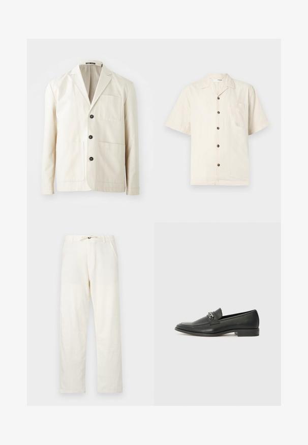 Beige cotton jacket with a notched lapel, three black buttons, and two front pockets. Features a single chest pocket and long sleeves.; Short-sleeve shirt in off-white, made of lightweight fabric, featuring a notched collar, front pocket, and dark brown buttons.; Light beige linen trousers with a straight cut, adjustable drawstring waist, and two side pockets. Smooth texture and minimal design.; Black leather loafer with a smooth finish, featuring a stitched design and a decorative metal chain accent across the vamp. Flat heel.