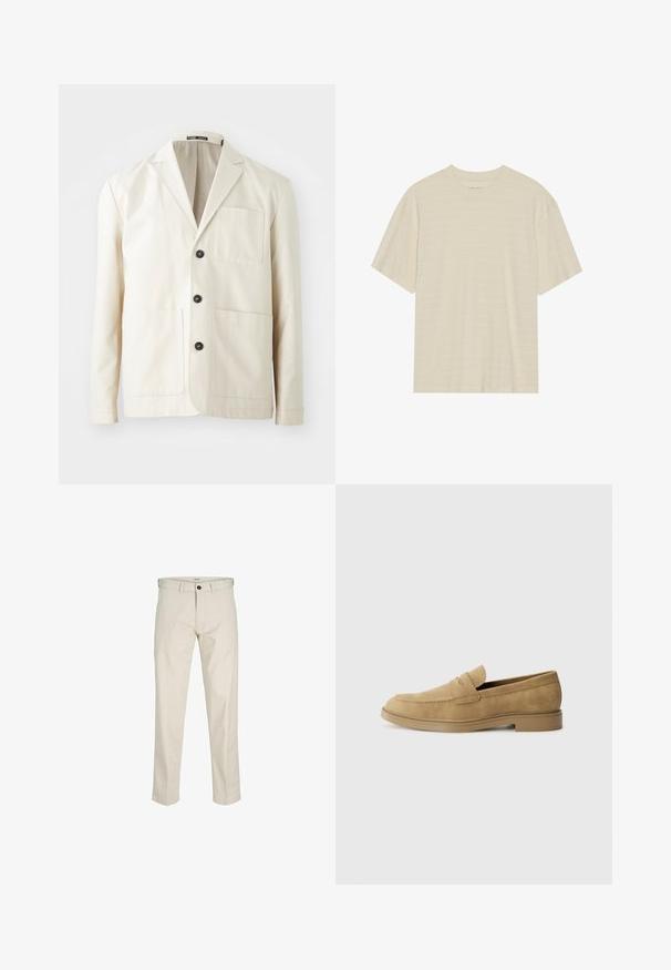 Beige puuvillane joker, millel on nurgelised nagu ja kolm musta nuppu ning kaks esist taskut. Sisaldab ühte rinna taskut ja pikki varrukaid.; Kreemi tooni lühikese varrukaga T-särk, mis sisaldab õrna triibulist tekstuuri ja ümardatud kaelust, valmistatud kergest kangast.; Beeži puuvillased püksid sirge lõikega, nööpidega lukuga, ees taskud ja õmmeldud õmblused. Sile tekstuur, minimaalne disain ja ilma mustriteta.; Kahvatusuede loaferid ümmarguse varbaga, madala plokknõelaga ja tikandiga pealispinnal. Sujuv tekstuur ja minimalistik disain.