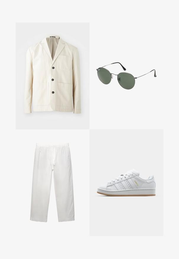 Jachetă din bumbac bej cu rever fix, trei butoane negre și două buzunare frontale. Dispune de un buzunar pe piept și mâneci lungi.; Tricou alb din bumbac, cu mâneci scurte, guler rotund și o croială lejeră. Textură netedă, fără modele sau accente vizibile.; Pantaloni albi din in, cu talie elastică și șnur, design cu picior larg și cusături curate. Textură netedă cu o croială casual.; Adidași albi cu un design perforat cu trei dungi, accente texturate, o talpă din cauciuc și logo-ul "CAMPUS" în aur pe lateral.; Ochelari de soare cu ramă metalică, dotati cu lentile ovale verzi. Ramă subțire din metal argintiu și ușițe negre. Design minimalist, fără logo-uri vizibile.