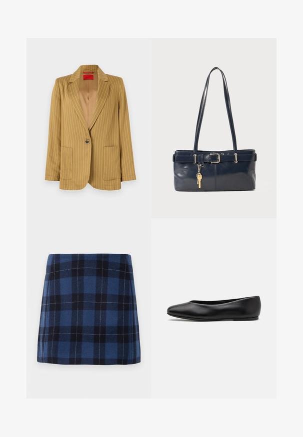 Blazer mustar cu dungi subtiri, cu rever tăiat, închidere cu un singur nasture, două buzunare frontale și textură netedă. Interior căptușit.; Pulover fără mâneci de culoare gri deschis, cu guler și tiv cu aspect texturat. Prezintă trei aplicații florale texturate pe față. Etichetă de marcă: MAX&Co.; Fustă mini în carouri, de culoare albastră închisă și bleumarin, confecționată dintr-un material moale cu un finisaj ușor texturat. Prezintă o croială dreaptă și linii curate.; Paul Smith TOPANGA - Balerini - black; Geantă de piele bleumarin cu două mânere lungi, detaliu cu cataramă și un breloc atașat. Are o textură netedă și o formă rectangulară.