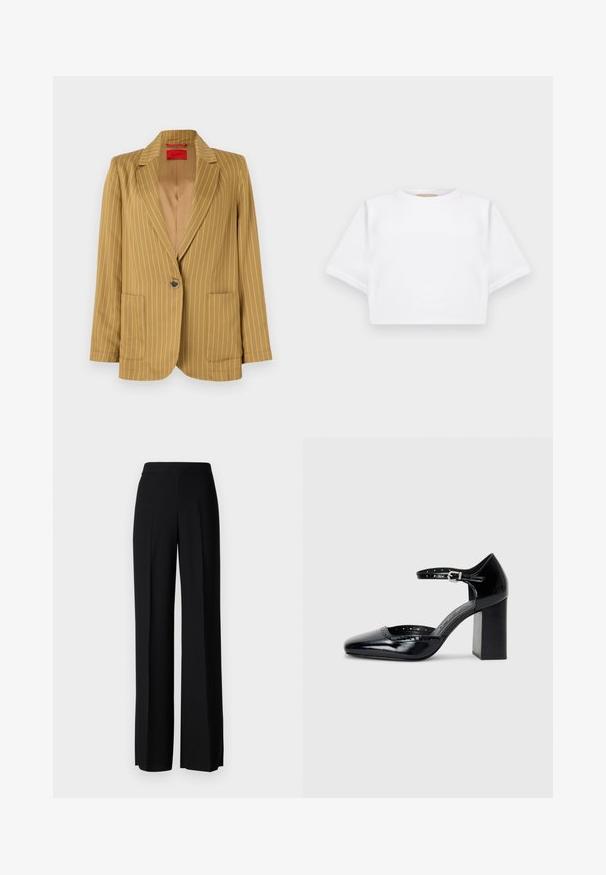 Mustard yellow pinstriped blazer with a notched lapel, single button closure, two front pockets, and smooth texture. Lined interior.; Cropped white t-shirt made of soft fabric, featuring short sleeves, a round neckline, and ribbed hem details. Simple and unembellished design.; Black wide-leg trousers with a smooth texture, featuring a high waistband and center pleats. No visible patterns or hardware details.; Black patent leather high-heeled shoes with a square toe, ankle strap, and a chunky heel. Includes perforated detailing along the rim.