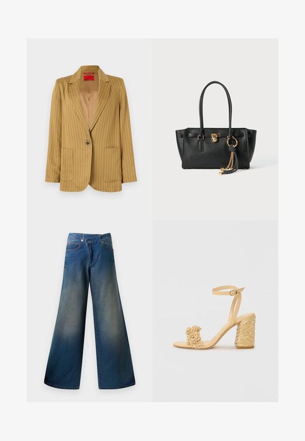 Mosterdgele gestreepte blazer met een geknipt revers, enkele knoopsluiting, twee voorkwakken en een gladde textuur. Voering aan de binnenzijde.; Zwart cropped t-shirt van katoen. Voorzien van een ronde hals en korte mouwen. "MICHAEL KORS" geborduurd in een bijpassende kleur op de voorkant.; Wijdgevallen blauwe spijkerbroek van denim, met een licht vervaagde afwerking, zichtbare stiksels, twee voorkanten zakken en een knoopsluiting.; Beige hoge hak sandaal met een gevlochten textuur, voorzien van een decoratieve bloem en enkelbandje. Vierkante hak zorgt voor stabiliteit.; Zwarte leren handtas met dubbele handgrepen, gouden slot en kettingdetail, en zwart-witte franjer accent tegen een witte achtergrond.