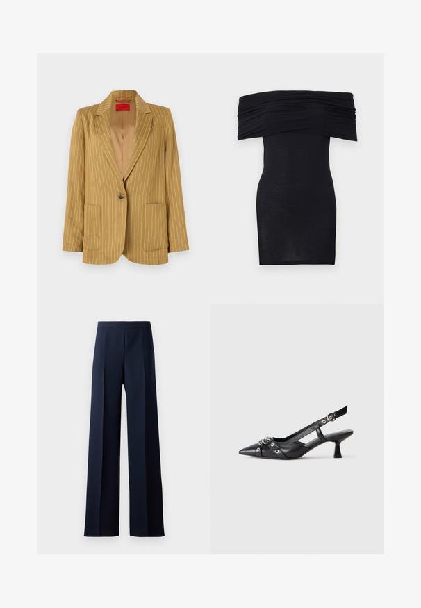 Senfgelber, gestreifter Blazer mit Reverskragen, einreihigem Knopfverschluss, zwei Vordertaschen und glatter Textur. Gefüttertes Innenfutter.; Schwarzes schulterfreies Kleid mit gerafften Details an der Brust, figurbetontem Schnitt und glatter, leichter Stoffstruktur.; Weit geschnittene Hosen aus dunkelblauem Stoff mit einer glatten Textur, subtilen frontalen Falten und einem taillierten Bund für eine schlanke Silhouette.; Schwarzer Leder-Slingback-Schuh mit spitz zulaufender Zehenpartie, dekorativen Riemen mit METALLÖSEN und niedrigem Blockabsatz. Strukturelle Oberfläche.