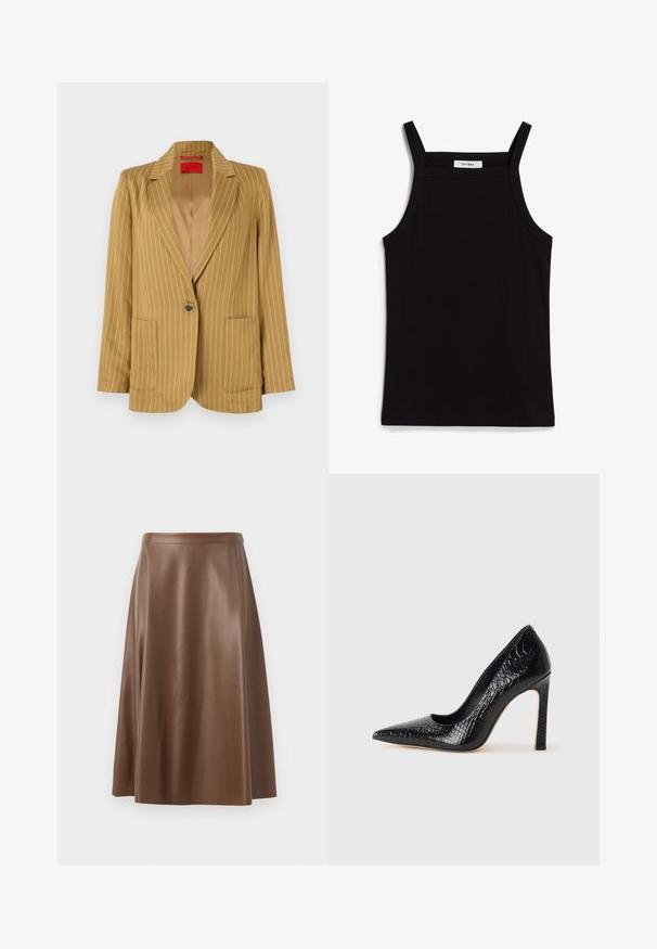 Garinė geltona smailiame dryžyje švarkas su išpjautu atlapu, vieno mygtuko užsegimas, dviem priekiniams kišenėms ir lygiu paviršiumi. Eiti į šalį vidui.; Juodas topas su plonais spaghetti petnešomis, pagamintas iš rausvos medžiagos, turintis tiesų kirpimą ir etiketę prie iškirpės, ant kurios parašyta "IVY OAK."; Ruda odinė A formos sijonas su lygiu paviršiumi ir vidutinio ilgio hemu. Yra prigludusi juosmens linija ir švelnus šonų išplatėjimas.; Juoda smailiakulnė aukšto kulno bateliai su krokodilo odos tekstūra, pasižymintys elegantišku dizainu, aukštu stiletu kulnu ir lygia juoda vidine dalimi.