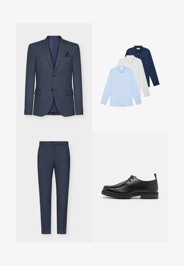 Granatowa marynarka z teksturowanej tkaniny, z dwiema guzikami, klapami z wycięciem oraz chusteczką w kieszeni; posiada kontrastową podszewkę.; Trzy koszule z długim rękawem: jasnoniebieska, biała i granatowa. Wszystkie mają klasyczny kołnierzyk i zapięcie na guziki, wykonane z gładkiego materiału.; Marynarskie niebieskie spodnie o kroju dopasowanym, gładkiej fakturze, z centralnym plisowaniem i szlufkami na pasek. Tkanina posiada subtelny wzór tkany.; Czarne skórzane buty zapinane na sznurowadła z wytrzymałą podeszwą i uchwytem na pięcie, pokazane z boku na białym tle.