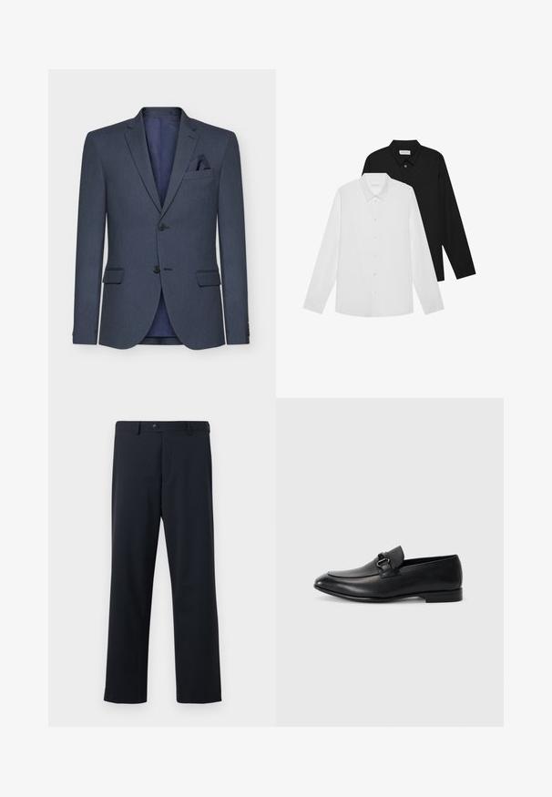 Sötétkék blézer texturált anyagból, két gombbal, kifordított hajtókákkal és zsebkendővel; eltérő színű bélés található benne.; Fehér és fekete hosszú ujjú ingek hegyes gallérral, elöl gombokkal és sima anyagtextúrával. Címkék láthatók a nyak belső oldalán.; Tengerészkék egyenes szárú nadrág, elülső gombos és cipzáras záródással, sima, finom textúrájú anyagból készült.; Fekete bőr mokaszinok, kecses formával, texturált felsőrésszel és díszítő pánttal, fém csattal. Lapostalpú, minimális design.