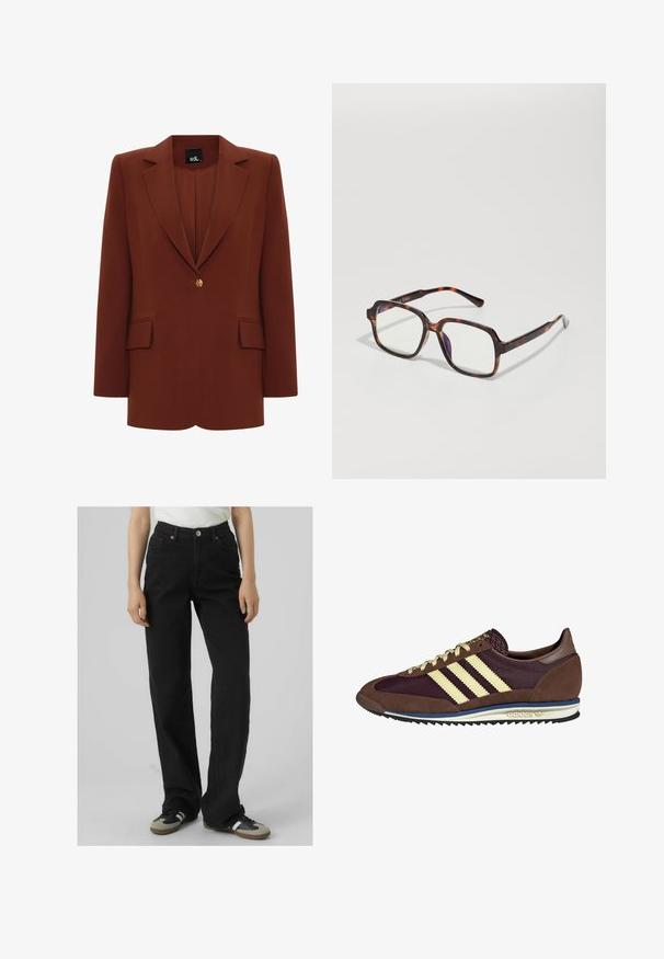 Blazer color ruggine con revers affilati, chiusura a un bottone dorato e due tasche frontali. Realizzato in tessuto strutturato con una superficie liscia.; Camicia bianca a maniche lunghe con scollo rotondo. Il tessuto presenta un motivo testurizzato con linee verticali e dettagli a coste.; Jeans neri a vita alta con una vestibilità dritta, realizzati in denim, dotati di due tasche anteriori e dettagli in ottone.; Sneaker marrone e bordeaux realizzato in materiali scamosciati e in rete, caratterizzato da tre strisce color crema, tessuto testurizzato sulla linguetta e suola in gomma.; Occhiali da sole tartarugati con montatura quadrata, lenti trasparenti e tempie sottili con un delicato dettaglio del logo. Finitura opaca e lucida.; DRAGON DIFFUSION MINI FLAT GORA - Borsa a mano - dark brown