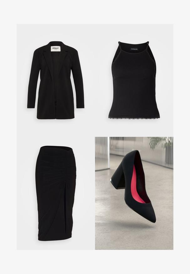 Fekete blézer, testéhez szabott kivitelben, hosszú ujjak, nyitott elöl, látható rögzítések nélkül. Simább anyag, minimalista stílusban.; Fekete bordázott ujjatlan felső, csipkés, fodros szegéllyel az alján. Vékony pántokkal és testhez simuló kialakítással rendelkezik. Stretch anyagból készült.; Fekete, ráncolt ceruzaszoknya kötött részlettel és oldalsó hasítékkal. Rugalmas anyagból készült, sima textúrával és testhez álló kialakítással.; Fekete magassarkú cipő hegyes orral, textúrált felülettel és élénk rózsaszín béléssel. Vastag sarokkal rendelkezik, ezüst kiegészítővel.