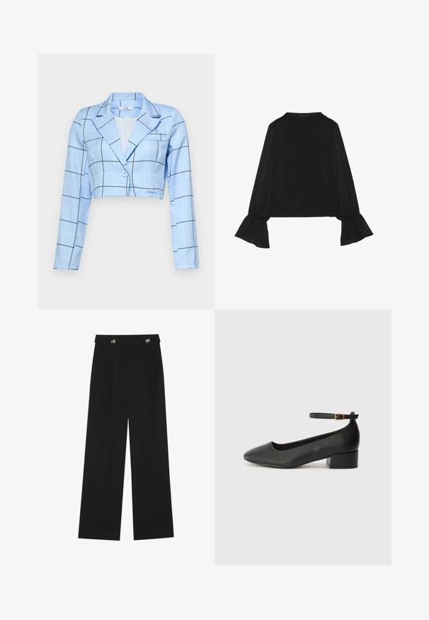 Cropped blazer in light blue fabric featuring a grid pattern with black lines, single button closure, and pointed lapels. Long sleeves.; Black long-sleeve top featuring flared cuffs, soft texture, and a relaxed fit, with a simple round neckline.; Black wide-leg trousers with high waist, button details on waistband, and front pleats.; Black leather pump with a pointed toe and a low block heel. Features an ankle strap with a gold-tone buckle. Smooth texture.