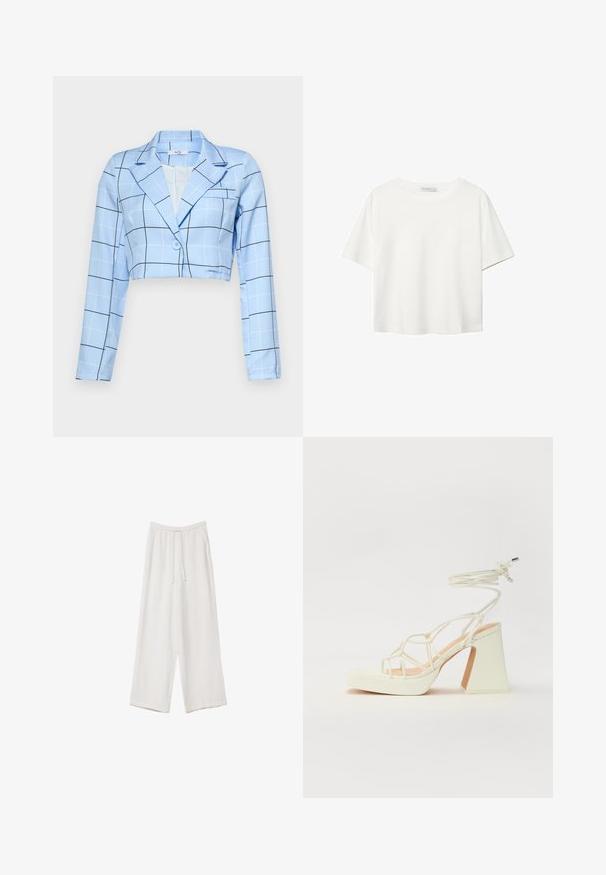 Krótkie marynarka w jasnoniebieskim materiale z wzorem w kratę z czarnymi liniami, z jednoprzewodowym zapięciem i szpiczastymi klapami. Długie rękawy.; Biała koszulka z krótkim rękawem, wykonana z bawełny. Posiada okrągły dekolt i luźny krój. Gładka faktura bez widocznych wzorów czy akcentów.; Białe spodnie o szerokich nogawkach wykonane z lekkiego materiału. Posiadają elastyczny pas z sznurkiem i boczne kieszenie. Gładka tekstura.; Biała sandał na wysokim obcasie z masywnym słupkiem, z paskowym wzorem i wiązaniem przy kostce. Gładka faktura z platformą z przodu dla dodatkowej wysokości.