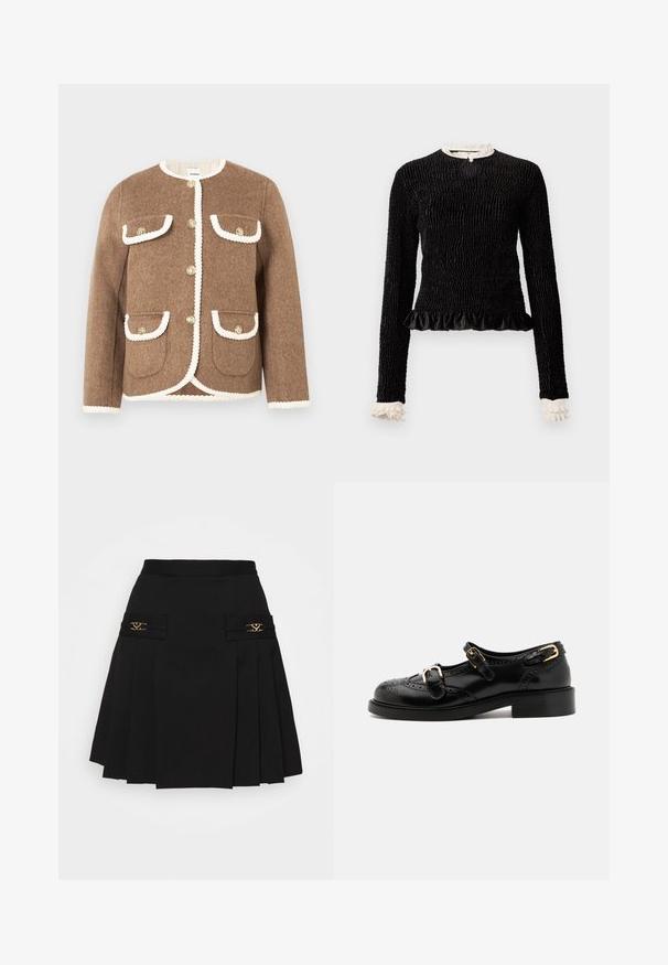 Braune Wolljacke mit rundem Ausschnitt, weißem Besatz, goldenen Knöpfen und zwei Fronttaschen. Texturiertes Gewebe mit taillierter Passform.; Schwarzes Langarmoberteil aus strukturiertem Stoff mit gerafftem Saum und weißen Rüschendetails am Kragen und an den Ärmeln. Verfügt über einen zentralen Schlaufenverschluss.; Schwarzer gefalteter Rock mit goldenen Hardware-Details. Verfügt über Seitentaschen mit Logo-Details und ist aus glattem Material gefertigt. A-Linien-Silhouette.; Schwarze Lederschuhe mit Broguedetails, ausgestattet mit zwei Schnallenriemen, einer abgerundeten Zehenpartie und einem flachen Absatz. Glatte Textur mit glänzendem Finish.
