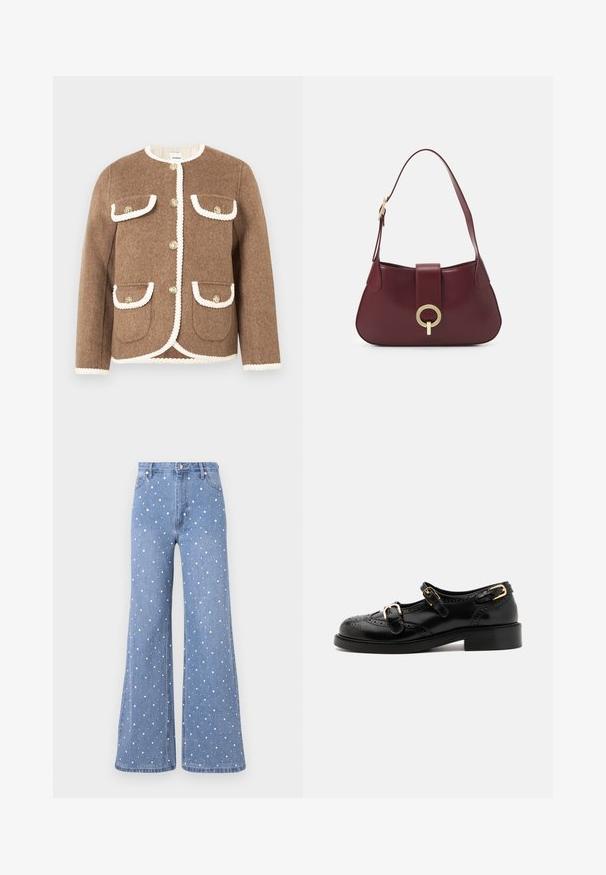 Brown wool jacket with a round neckline, white trim, gold buttons, and two front pockets. Textured fabric with a tailored fit.; Brown and green checked shirt with a white collar, long sleeves, button front, and single chest pocket; features subtle texture and rounded hem.; Light blue flared jeans featuring a dotted pattern of white and silver studs, with standard waistband and front button closure.; Black leather shoes with brogue detailing, featuring two buckle straps, a rounded toe, and a low heel. Smooth texture with shiny finish.; Burgundy leather handbag with a curved shape, a gold circular hardware accent, and a single shoulder strap. Smooth texture, minimalist design.