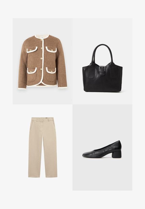 Hnědá vlněná bunda s kulatým výstřihem, bílým lemem, zlatými knoflíky a dvěma předními kapsami. Texturovaná tkanina s přizpůsobeným střihem.; Hnědý žebrovaný pletený svetr s dlouhými rukávy a vysokým límcem, zobrazený zezadu na bílém pozadí.; Béžové chino kalhoty vyrobené z bavlněného plátna, s rovnými nohavicemi, dvěma předními kapsami a zapínáním na zip. Hladká textura s minimálními detaily.; Černé kožené lodičky s kulatou špičkou a středním blokovým podpatkem. Hladký povrch s minimálním zdobením, s jemným elastickým otvorem.; Černá kožená tote taška s hladkým povrchem, strukturovaným tvarem, dvěma uchy a výrazným stříbrným detailem s přezkou na přední straně.