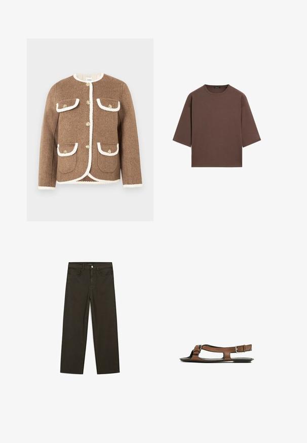 Braune Wolljacke mit rundem Ausschnitt, weißem Besatz, goldenen Knöpfen und zwei Fronttaschen. Texturiertes Gewebe mit taillierter Passform.; Braunes, kurzes T-Shirt mit rundem Halsausschnitt, kurzen Ärmeln und einer weichen Textur. Entworfen mit einem lässigen Schnitt und minimalen Details.; Dunkelgrüne Jeans im weit geschnittenen Style, hergestellt aus einem Baumwollgemisch. Sie verfügen über einen Frontknopfverschluss, fünf Taschen und klassische Denim-Nähte.; Braune Leder-Sandale mit offener Zehenpartie und seitlichen Ausschnitten. Sie verfügt über einen Knöchelriemen mit einer metallischen Schnalle und eine flache Sohle.