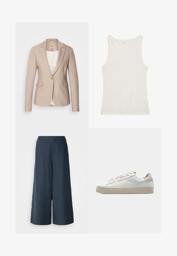 Bežs bleizeris ar pieguļošu dizainu, ar vienu zelta pogu, divām priekšējām kabatām un satīna apdari ar smalku ģeometrisku rakstu.; Balta kokvilnas topiņa ar platu kakla izgriezumu un plānām plecu lencēm. Gluda tekstūra bez redzamām apdrukām vai rotājumiem.; Platās bikses tumši zilā krāsā, izgatavotas no viegla auduma. Iespējo nedaudz teksturēta virsma, elastīga jostasvieta un priekšējās šuves.; Baltas ādas sporta apavi ar gludu virsmu, bēšas zamša akcenti, apaļa pirksta forma, plakans šņorēšanas dizains un tekstūrota gumijas zole.