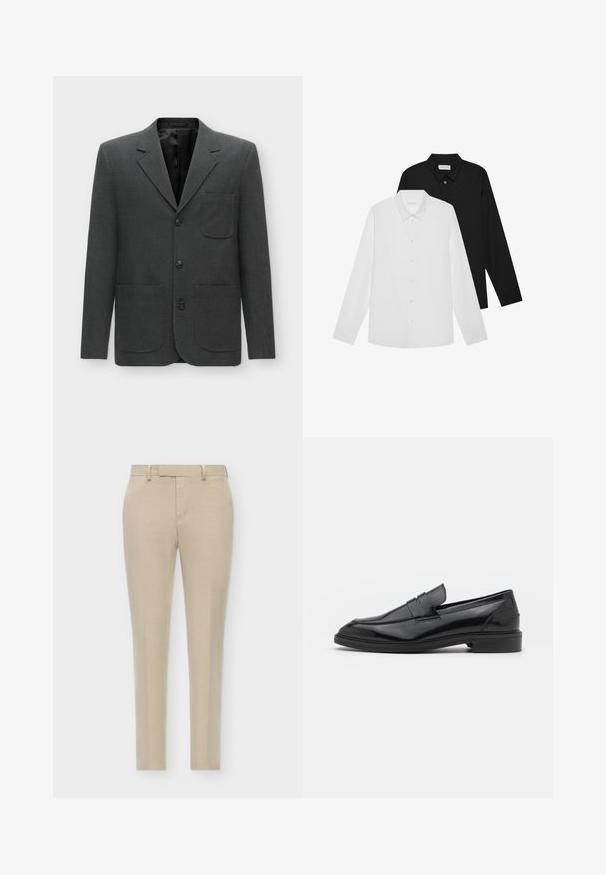 Blazer grigio scuro realizzato in tessuto testurizzato, con una tasca sul petto, rever a punta e tre bottoni sul davanti. Fodera interna.; Camicie a manica lunga bianche e nere con colletto a punta, bottoni frontali e una texture del tessuto liscia. Etichette visibili all'interno del collo.; Pantaloni beige su misura con vestibilità slim, caratterizzati da una parte frontale piatta, tasche laterali discrete e un tessuto liscio e testurizzato.; Mocassini in pelle nera con finitura liscia, caratterizzati da una punta tonda e una fascia stretta sulla parte superiore. Tacco basso impilato.