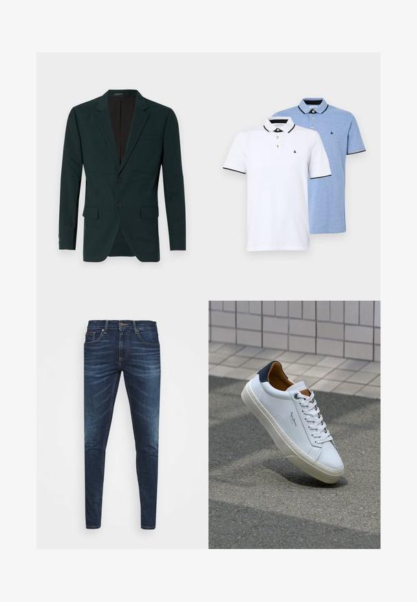 Dark green, tailored blazer with two buttons, notched lapels, and front pockets. Made of smooth fabric with a structured fit.; Two polo shirts: one white with black accents, the other light blue heather. Each features a collar and two-button placket with logo.; Dark blue denim jeans with a slim fit, subtle fade, five pockets, and a metal button closure. Stitched accents in contrasting color.; White leather sneaker with a navy heel, round toe, and contrasting brown accents. Features flat laces and textured rubber sole.