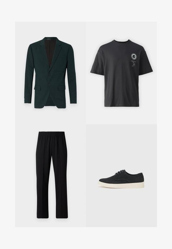 Dunkelgrüne, taillierte Blazer mit zwei Knöpfen, Reverskragen und Fronttaschen. Aus glattem Stoff mit strukturierter Passform.; Schwarzes Baumwoll-T-Shirt mit kurzen Ärmeln, Rundhalsausschnitt und Vordergrafik eines Sonnen- und Mondmotivs, begleitet von dem Text "Le Soleil et La Lune."; Schwarze, Gummibund-Hosen mit geradem Schnitt, die eine glatte Textur aufweisen und keine sichtbaren Muster oder Beschläge haben.; Schwarzes Wildleder-Schnürschuh mit runder Spitze, leichtem cremfarbenem Sohlen und dezenten blauen Stickakzenten auf dem Obermaterial.