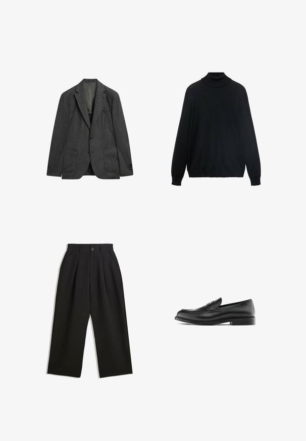 Dunkelgrauer Blazer mit subtilem Streifenmuster, einreihig, mit Reverskragen, zwei vorderen Taschen und Knopfverschluss. Klassisches, maßgeschneidertes Design.; Schwarzer Rollkragenpullover mit engem Kragen, langen Ärmeln und gerippten Bündchen und Saum. Hergestellt aus weichem, dehnbarem Stoff mit glatter Textur.; Schwarzes Baumwoll-T-Shirt mit klassischem Rundhalsausschnitt, kurzen Ärmeln und lockerer Passform. Glatte Textur, keine Muster oder Verzierungen.; Schwarze Hose mit lockerem Schnitt, mit Falten an der Vorderseite, Seitentaschen und einem Knopfverschluss. Hergestellt aus strukturiertem Stoff.; Schwarzer Leder-Pennyloafer mit niedrigem Absatz, runder Zehenform und gesticktem Detail entlang des Oberleders, seitlich auf einem weißen Hintergrund dargestellt.