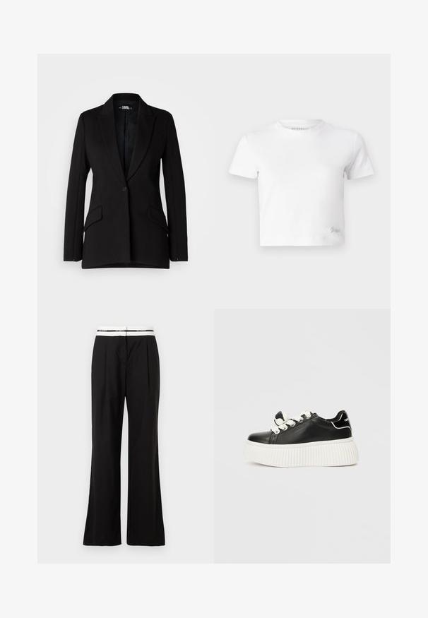 Crni sako sa strukturiranim dizajnom, reverima, jednim dugmetom, dva bočna džepa i glatkom teksturom tkanine.; Bijela skraćena majica izrađena od glatkog pamuka, s visokim izrezom i kratkim rukavima. Mali izvezeni logo u donjem kutu.; Crne hlače opuštenog kroja, s bijelim elastičnim pojasom s logotipom. Izrađene su od glatkog materijala s laganim sjajem.; Crne kožne tenisice s debelim bijelim rebrastim potplatom, s bijelim vezicama i dekorativnom mašnom na jeziku.