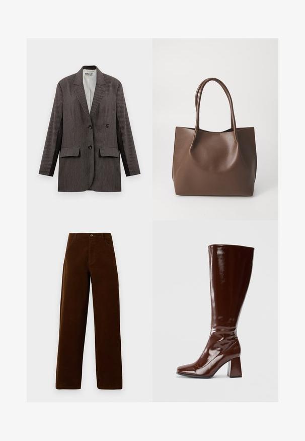 Tumehalline triibuline bleiser, millel on kahekordne esikinnis, kaks esimist taskut ja sakilised kraed, mustade nööpidega.; Beezhi lühike särk lühikeste varrukatega, vertikaalse kaelusega, nööpide kinnitusega ja ees sõlmega detailiga. Valmistatud kergest kangast.; Pruunid korduroosest sirged püksid ees olevate taskute, vöökummide ja nööbiga sulgemisega valge tausta peal.; Knee-high pruunid sädelevad nahast saapad ruudukujulise varbaga, läikiva viimistluse ja stabiilse Chunky kontsaga. Üksik disain, ilma nähtava riistvarata.; Pruun nahkne kott kahe pika sangaga, struktureeritud kuju, sile pind ja minimalistik disain. Ilma nähtava riistvara või aksessuaarideta.