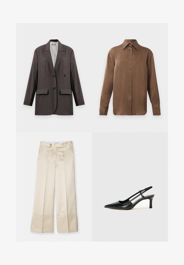 Prúžkovaný blazer v tmavo sivej farbe, s dvojradovým zapínaním, dvoma prednými vreckami a klopovými chlopňami, s čiernymi gombíkmi.; Hnedá košeľa s dlhým rukávom, so zapínaním na gombíky, s špicatým golierom a manžetami, vystavená na jednoduchom bielom pozadí.; Béžové nohavice s širokými nohavicami vyrobené z hladkej tkaniny, s vysokým pásom, prehnutým predným dielom a zloženým lemom, obsahujú bočné vrecká a čistý finiš.; Čierne patentové slingback topánky na ihlovom podpätku s špicatou špičkou, s textúrovaným hadím vzorom, nastaviteľným popruhom a krátkym, textúrovaným blokovým podpätkom.