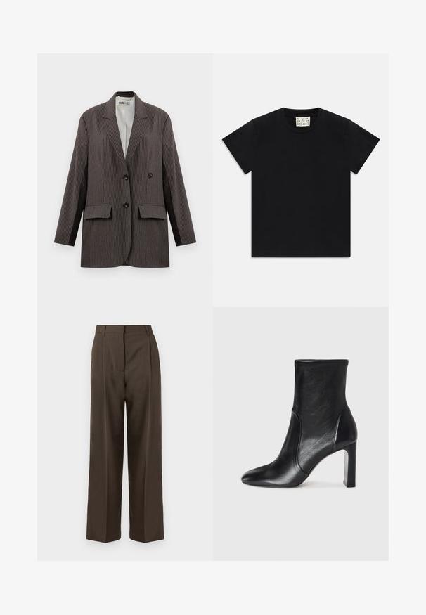 Tamsiai pilkos spalvos dryžuotas švarkas, turintis dvigubą užsegimą, dvi priekinės kišenes ir įpjautus apykaklės atvirus, su juodais mygtukais.; Juodas trumpomis rankovėmis marškinėliai su apvaliu kaklu, vidinėje apykaklės pusėje yra balta etiketė su užrašu "D.R.C. EST. 2002" ant balto fono.; Rudos platesnios kelnės su lygiu paviršiumi, turinčios aukštą liemenį, priekinės klostes ir pritaikytą dizainą. Nėra matomų kišenių ar puošmenų.; Juodas odinis kulkšninis botas su elegantišku dizainu, smailiu pirštu ir aukštu blokiniu kulnu. Su lygiu paviršiumi ir minimalistišku siuvimo detaile.