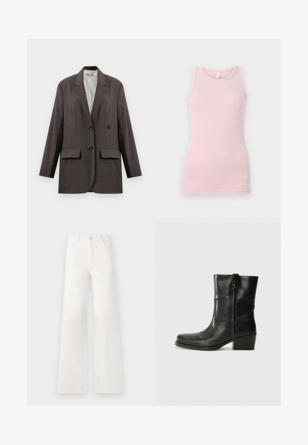 Sötét szürke csíkos zakó, dupla soros fazonnal, két elülső zsebbel és bemetszett hajtókával, fekete gombokkal.; Világos rózsaszín ujjatlan felső, puha, rugalmas anyagból készült. Kerek nyakkivágással és keskeny pántokkal rendelkezik, sima textúrával és testhezálló szabással.; Fehér, magas derekú, bő szabású farmernadrág. Gombos záródással, két elülső zsebbel és oldalsó varrásokkal rendelkezik, amelyek varrási részleteket tartalmaznak.; Fekete bőr bokacsizma lekerekített orral, blokk sarkúval, oldalsó cipzárral és varrásos díszítéssel az elején. Simább textúra, klasszikus dizájn.